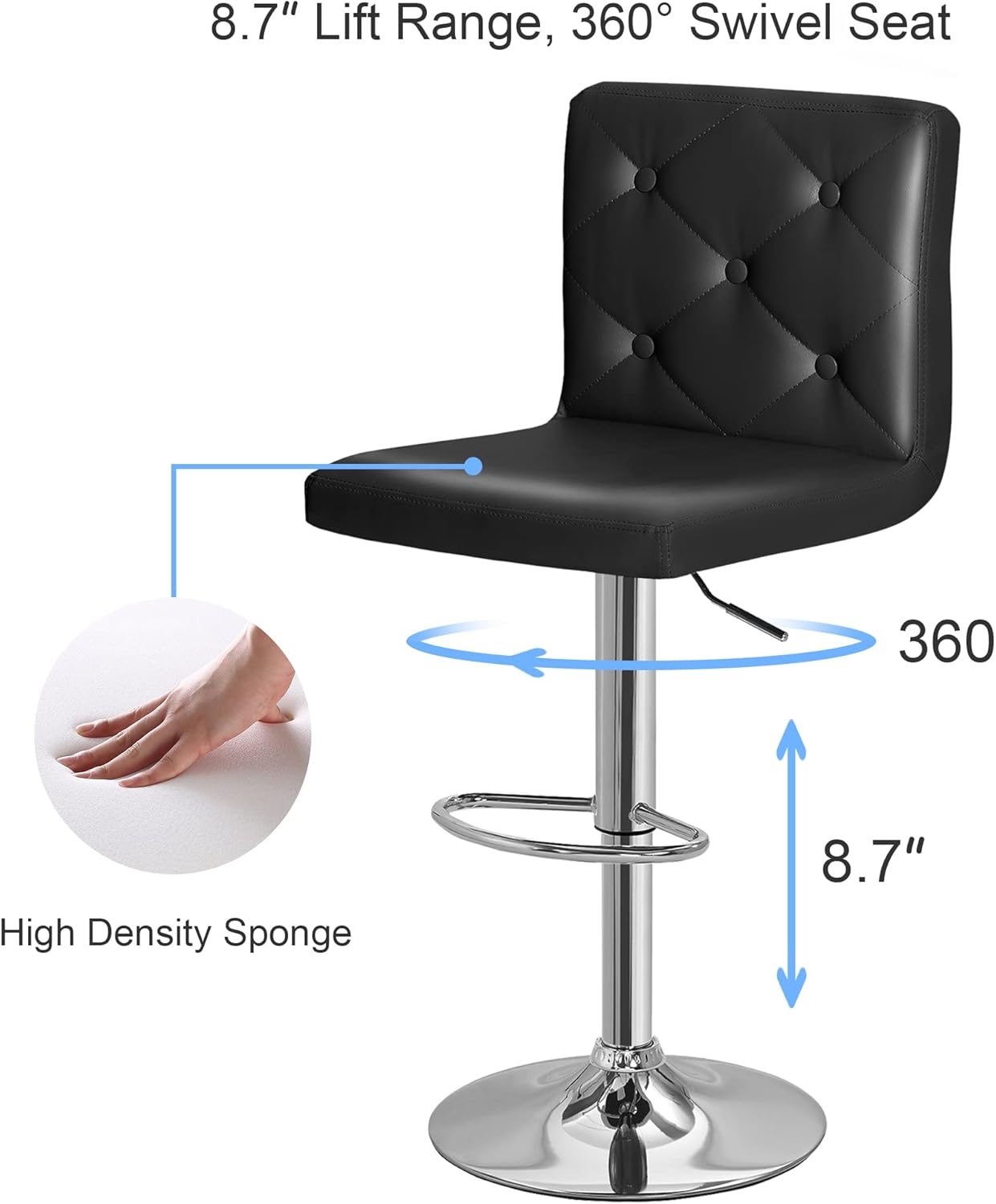 VECELO Adjustable Bar Stools Set of 2, Bar Height Stools for Kitchen Counter