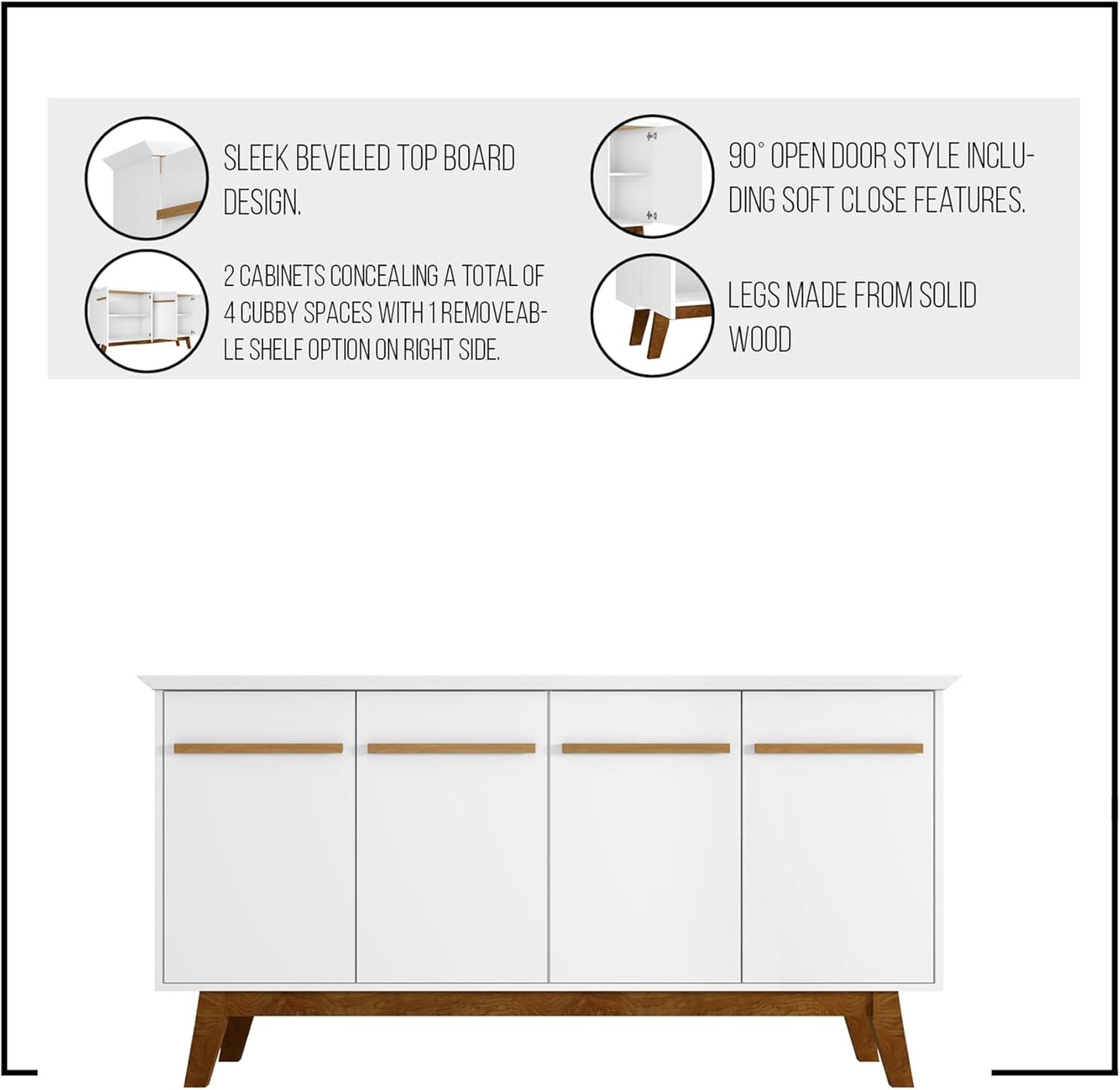 Manhattan Comfort Yonkers 63 Inch Buffet Sideboard with 2 Cabinets & Soft Close Doors, Storage Furniture with Stylish Beveled Top, Solid Wood Legs, White