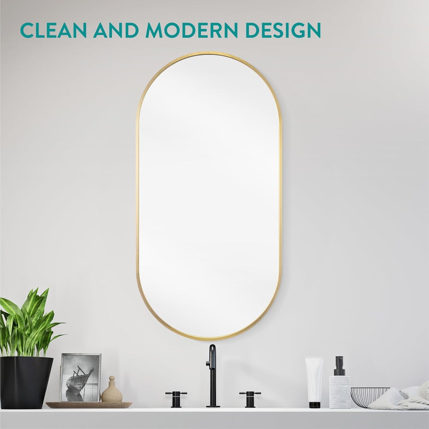 Navaris Oval Wall Mirror - 75 x 38 x 3 cm - Wall Mounted Hanging Mirror with Brushed Brass Rustproof Aluminium Frame - Mirror for Bathroom Bedroom Hallway
