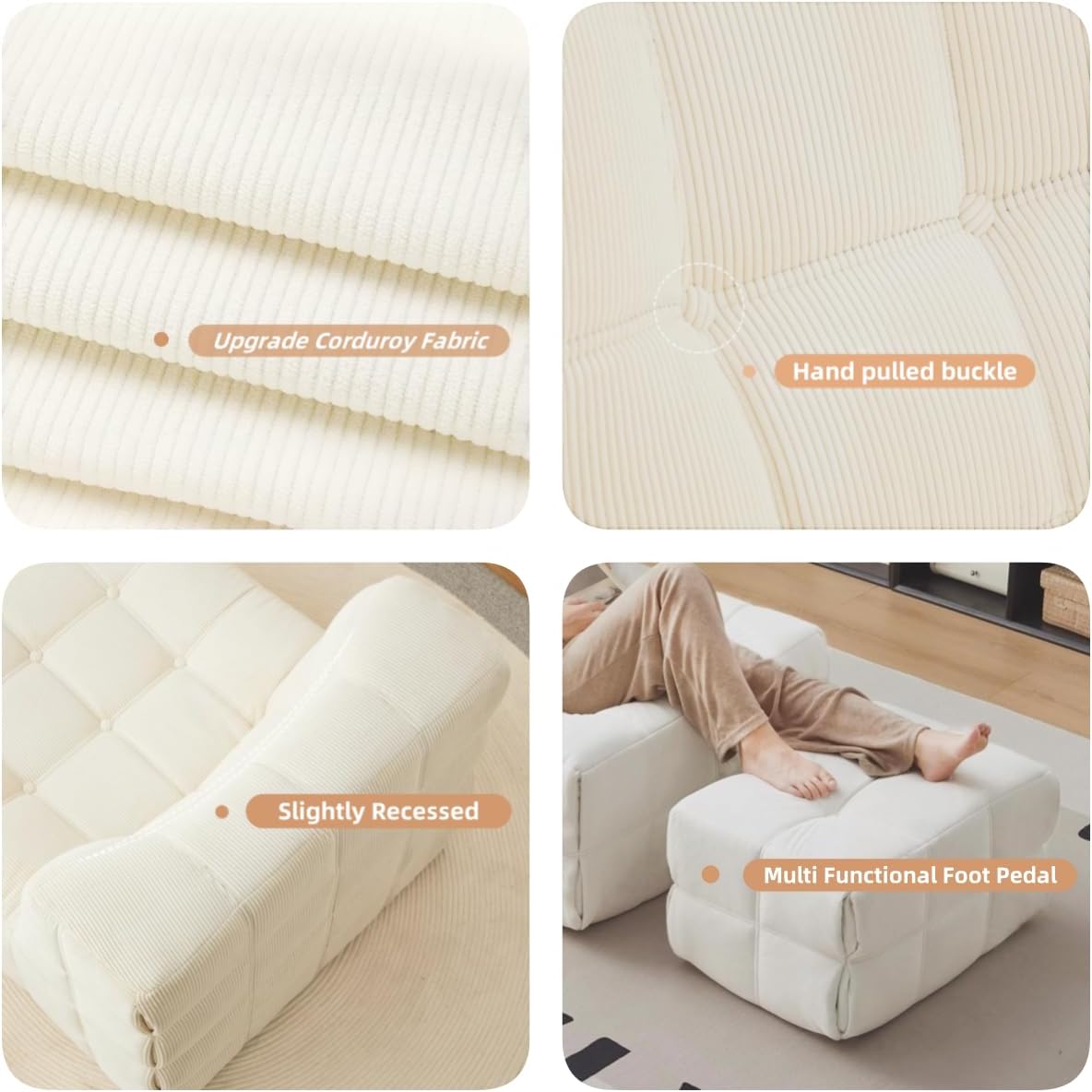 Bean Bag Chair - Memory Foam Bean Bag Chair for Adults, Comfy High-Resilience Single Sofa, Small Space Floor Chair, Chaise Lounge for Living Room, Bedroom (Beige, Square + Ottoman)