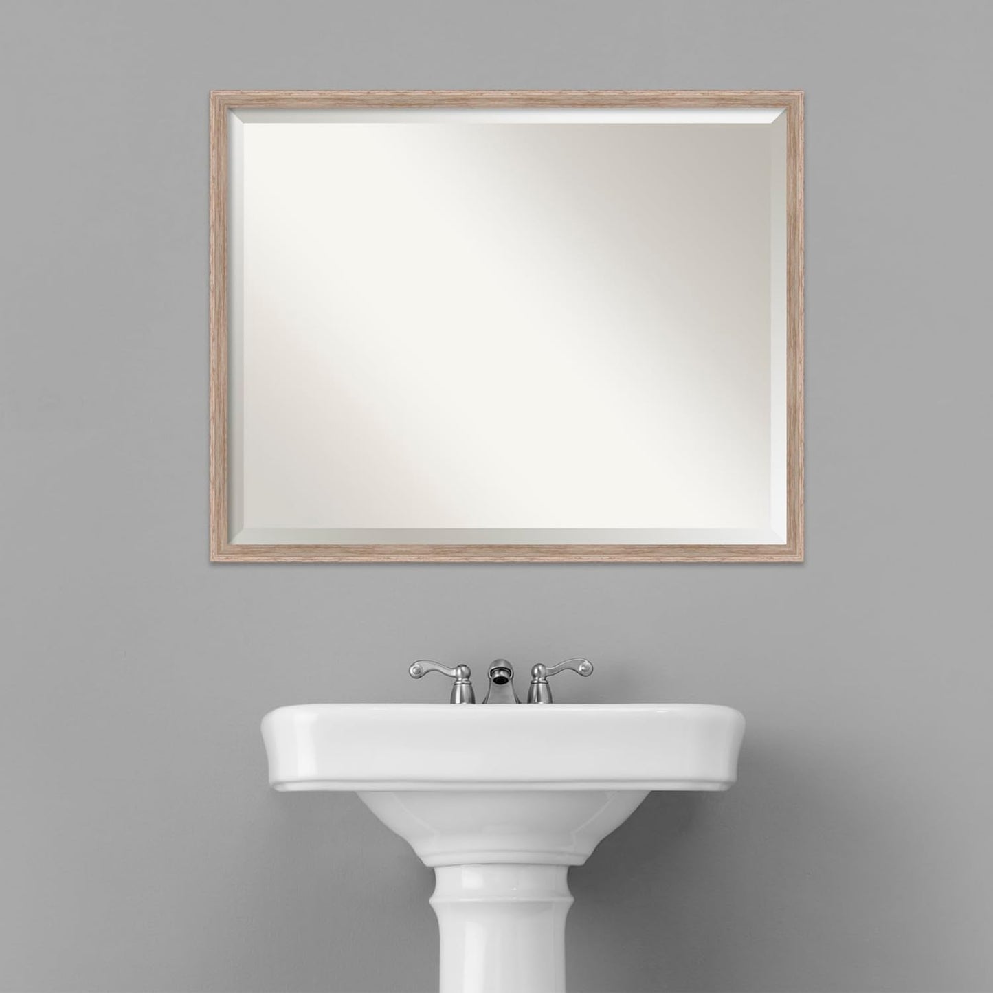 Amanti Art White Bathroom Mirror for Over Sink, 23x29 Hardwood Wedge White Wash Rectangle Vanity Mirror, Large Rustic Farmhouse Wood Frame, Hangs Horizonally and Vertically, Bathroom Wall Decor