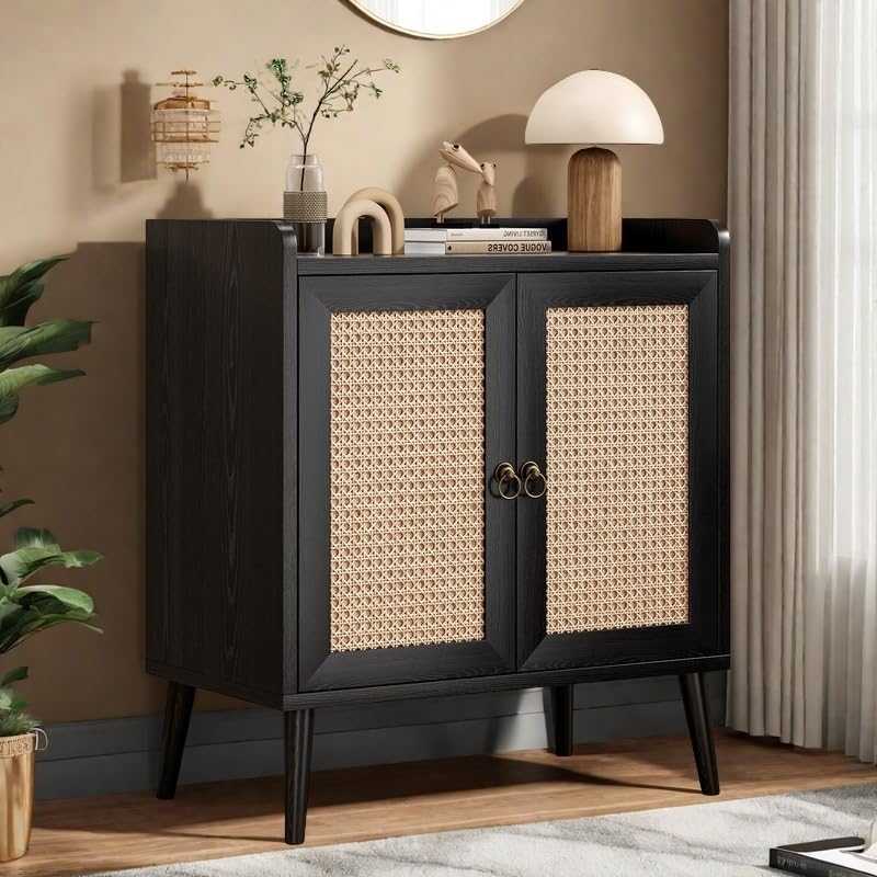 Buffet Cabinet, Rattan Storage Cabinet with Round Pull Rings, Sideboard with Ample Storage, Bar Liquor Shelf with 2 Doors for Living Room, Hallway, Black
