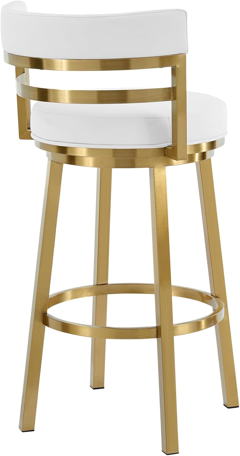 Armen Living Madrid 30" Seat Height Swivel Modern White Faux Leather and Gold Brushed Stainless Steel Bar Stool for Kitchen Island Counter