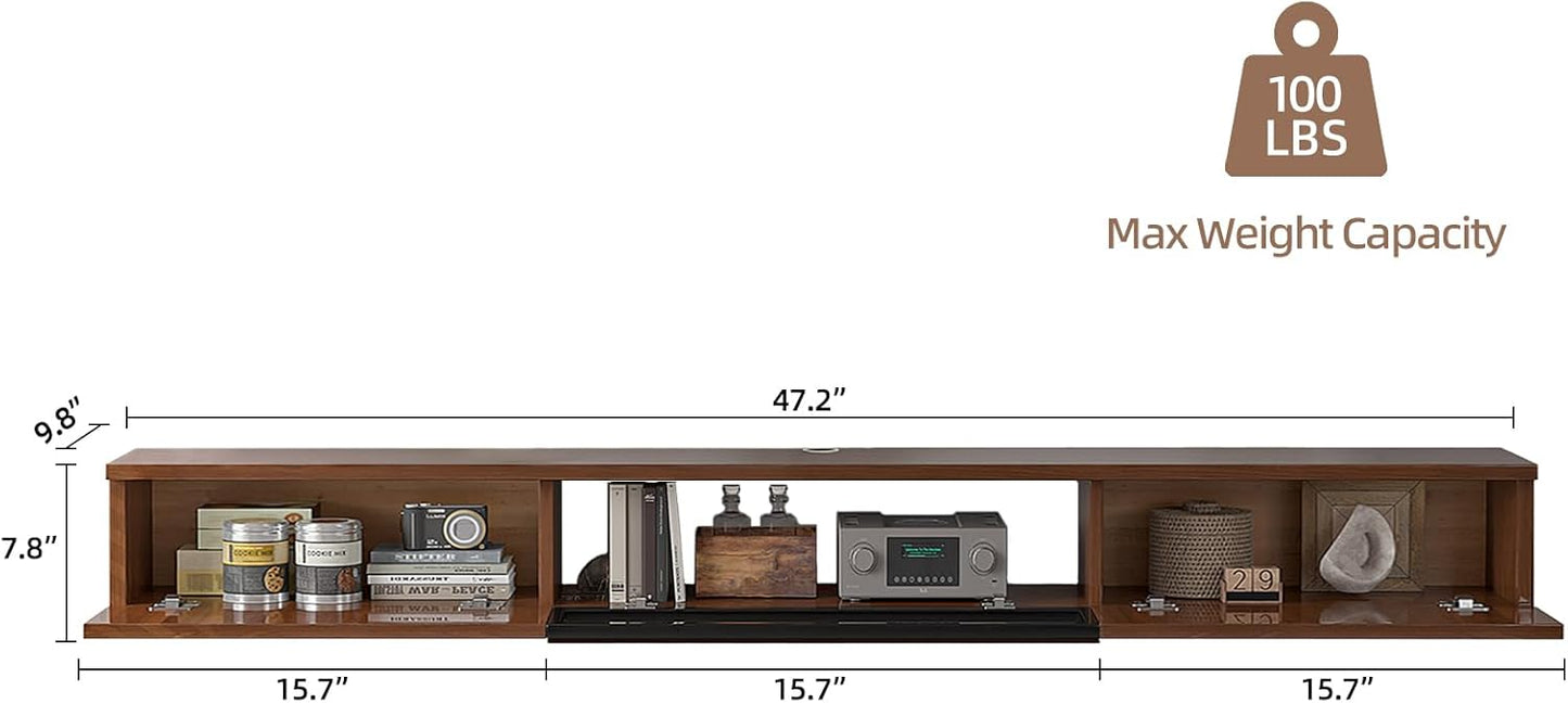 High Gloss Floating TV Stand,47'' Wall Mounted TV Console,Under TV Floating Shelf,Floating TV Cabinet with 3 Doors for Bedroom Living Room(Walnut)
