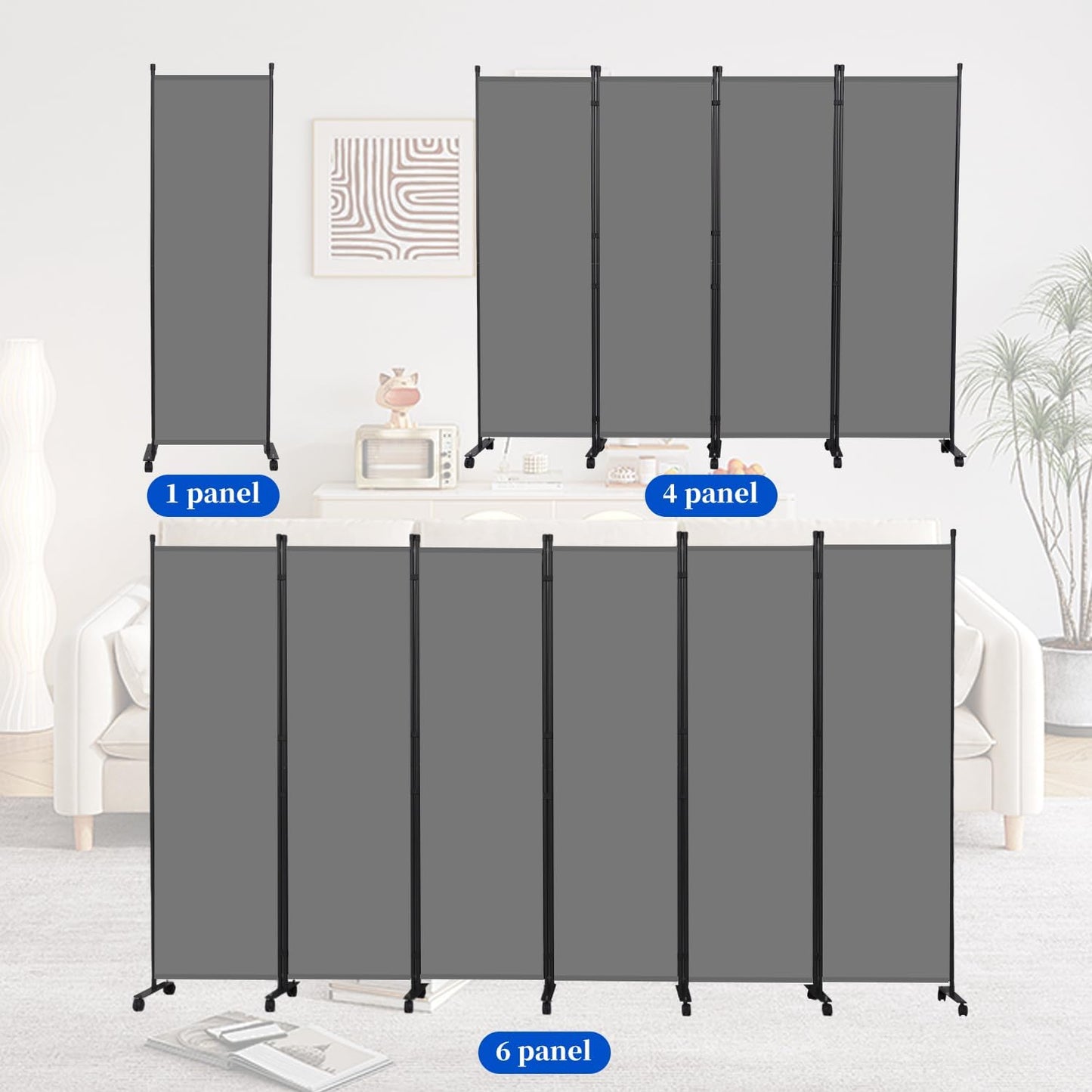 Room Divider 6FT Room Partition with Lockable Wheels, 1 Panel (Thicked Metal Base) Room Dividers, Freestanding Indoor Folding Privacy Screens, Portable Fabric Wall Divider for Room Separation, Grey