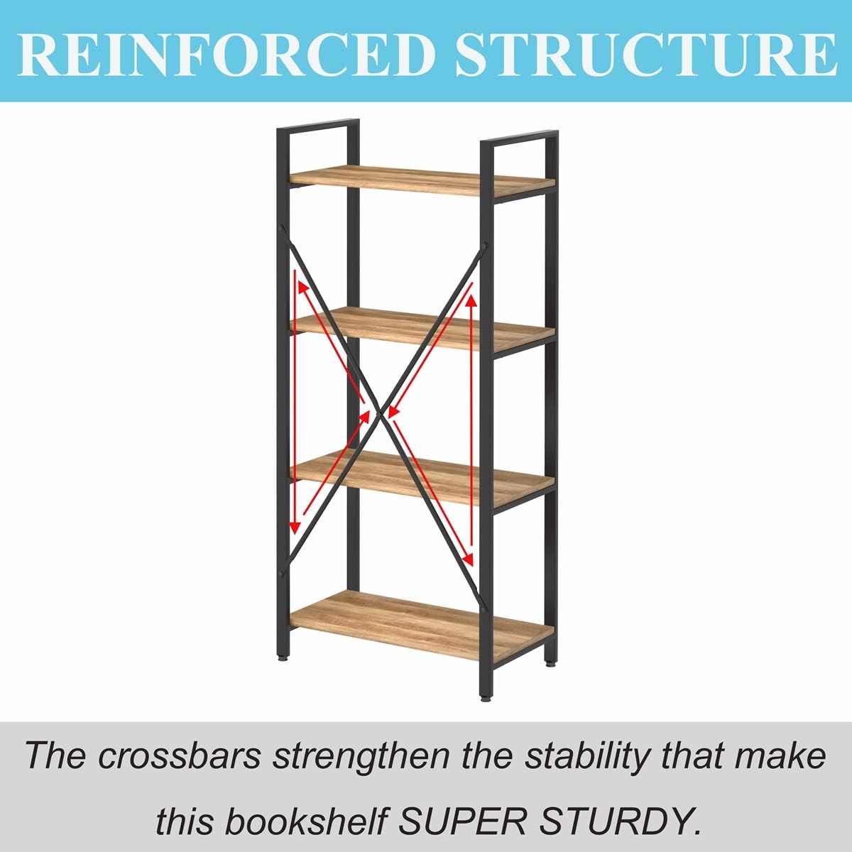 BON AUGURE Industrial 4 Tier Bookshelf, Modern Open Shelving Unit Book Shelves, Heavy Duty Etagere Bookcase, Wood Metal 4 Shelf Book Case for Office, Living Room and Bedroom (Vintage Oak)