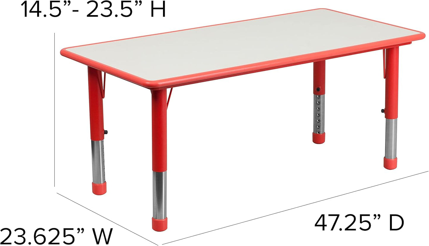 Flash Furniture Emmy Adjustable Classroom Activity Table with 6 Stackable Chairs, Rectangular Plastic Activity Table for Kids, 23.625" W x 47.25" L, Red/Gray
