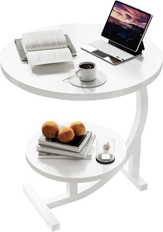 C-Shaped End Table,2 Tiers Round Side Table,Sofa Small Side Table for Living Room, Bedroom,Bedside Small Space,White