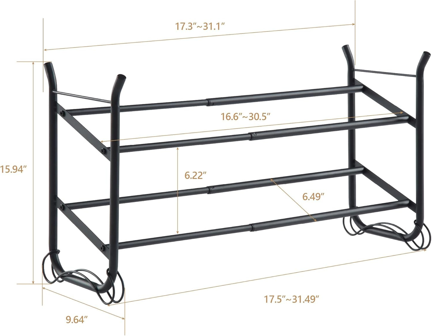 SunnyPoint Expandable & Stackable 2-Tier Shoe Rack – Adjustable Shoe Organizer for Entryway, Closet or Bedroom, Holds 4 to 8 Pairs, Space-Saving Metal Shoe Storage Shelf (17.5"–31.49" W) (BLK, 2 Tier)
