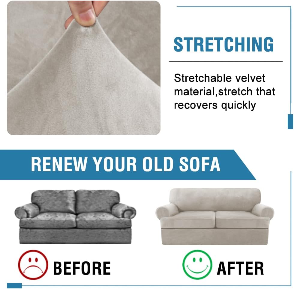 H.VERSAILTEX Sofa Cover 3 Piece T Cushion Loveseat Slipcovers Thick Velvet Couch Cover Stretch T Cushion Sofa Covers for 2 Cushion Couch with 2 Individual T Cushion Covers Washable, Oatmeal