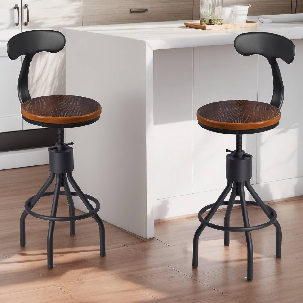 Set of 2 Industrial Bar Stools with Backrest 23-33inch Swivel Wooden Seat Kitchen Island Dining Chair Counter Stool Height Adjustable