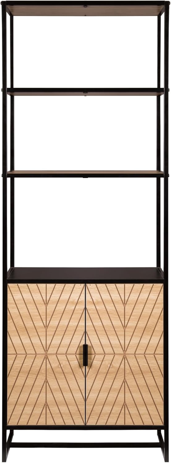 AC Pacific Bali Coastal Modern 6 Tier Bookshelf with Storage, Features Sleek Black Frame and Natural Wood Accents, Versatile Book Shelf and Display Solution for Bedroom and Living Room, 67" High