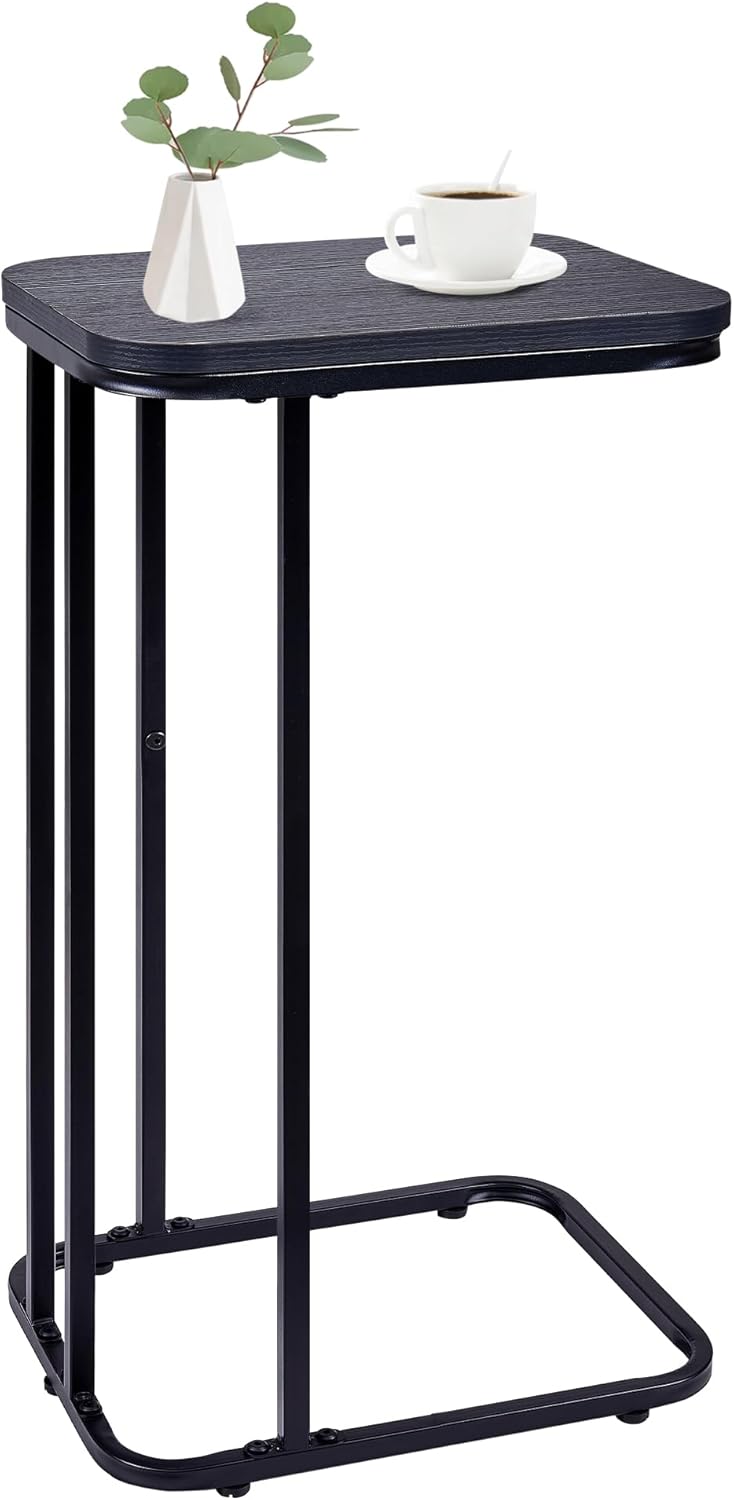 C Shaped End Table, 27 Inches High Small Side Table for Sofa and Bed, Couch Table That Slides Under, Tall Tv Tray Table for Living Room, Bedroom, Metal Frame, Ebony Black