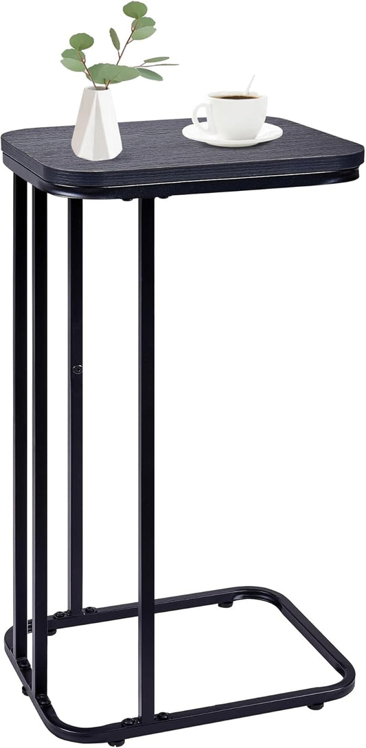 C Shaped End Table, 27 Inches High Small Side Table for Sofa and Bed, Couch Table That Slides Under, Tall Tv Tray Table for Living Room, Bedroom, Metal Frame, Ebony Black