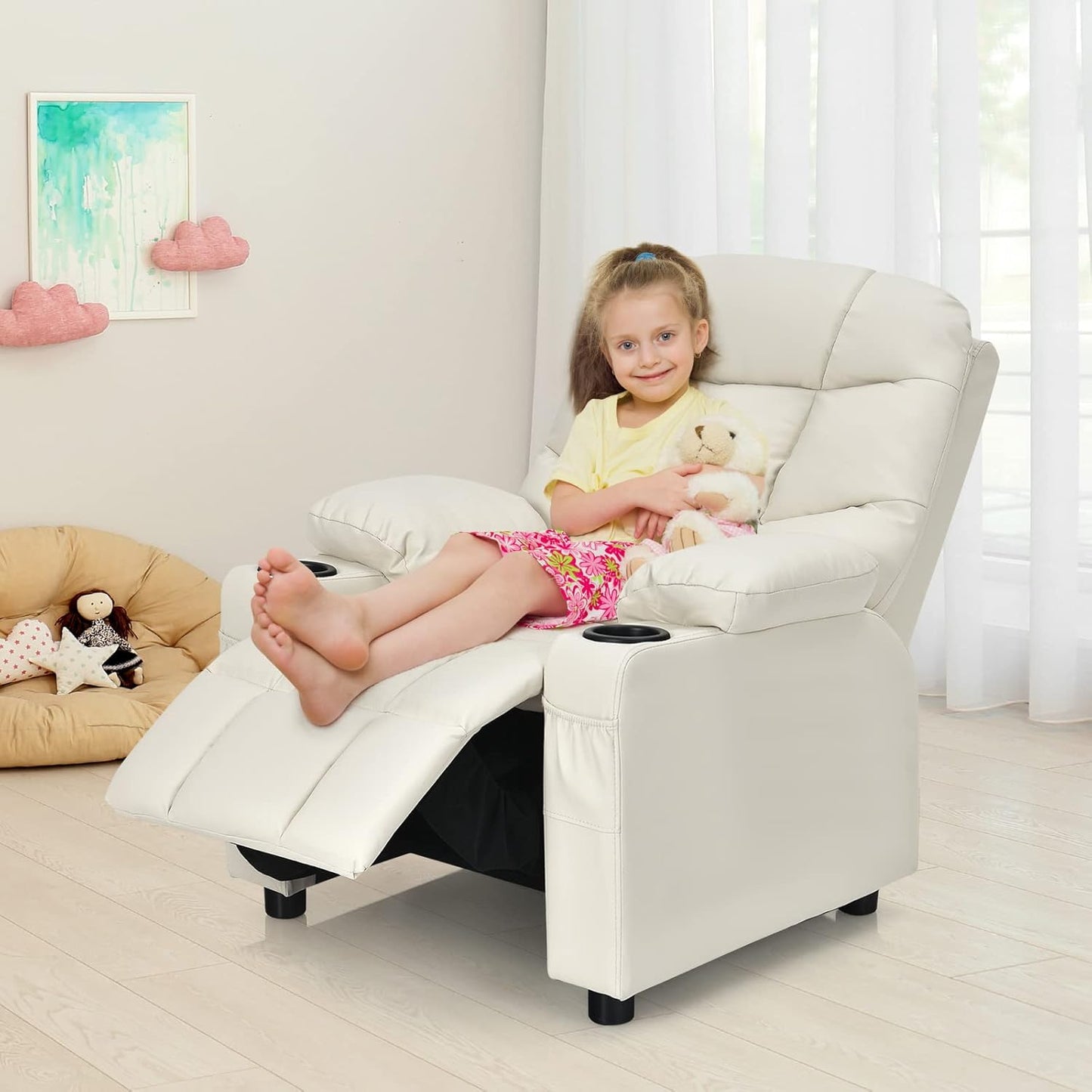 Costzon Kids Recliner Chair with Cup Holder, Adjustable Lounge Chair w/Footrest & Side Pockets for Children Boys Girls Room, Ergonomic Toddler Furniture Sofa, Kids Recliner (Beige)