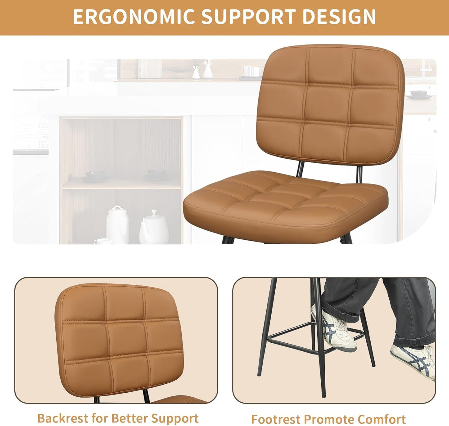 Bar Stools Set of 2, 24 Inch Upholstered Metal Barstool with Back and Footrest, Bar Chair with Metal Base for Dining Room Counter Island, Brown