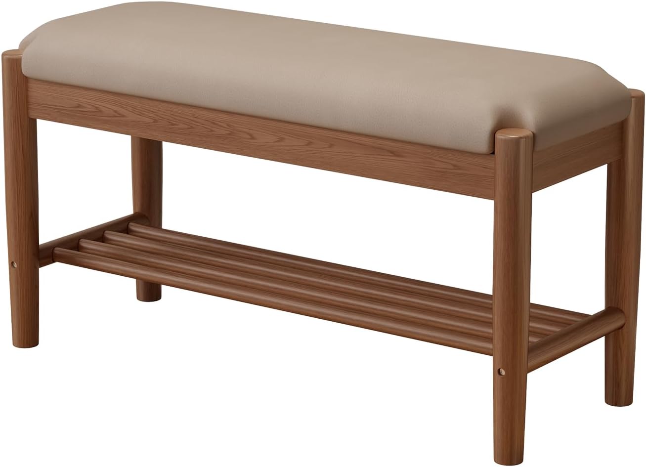 Shoe Bench Entryway with Cushion, Solid Wood Bench with Shoe Storage, 2-Tier Shoe Rack Bench for Entryway,Hallway (Gray)