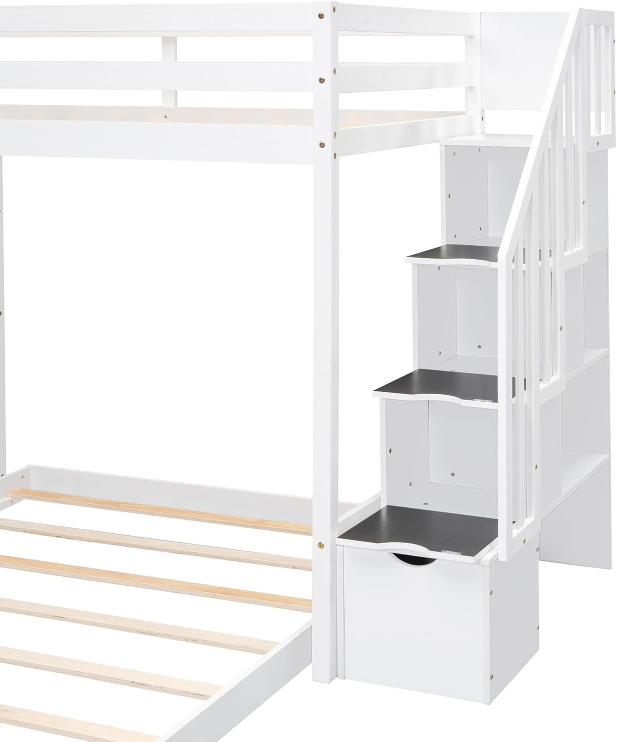 Twin Over Full Bunk Bed with 3-Layer Shelves,Wood L-Shape High Loftbed Frame W/ 4 Drawers & Storage Stairs,No Box Spring Required,Slats Support,for Kids Teens Adults,White