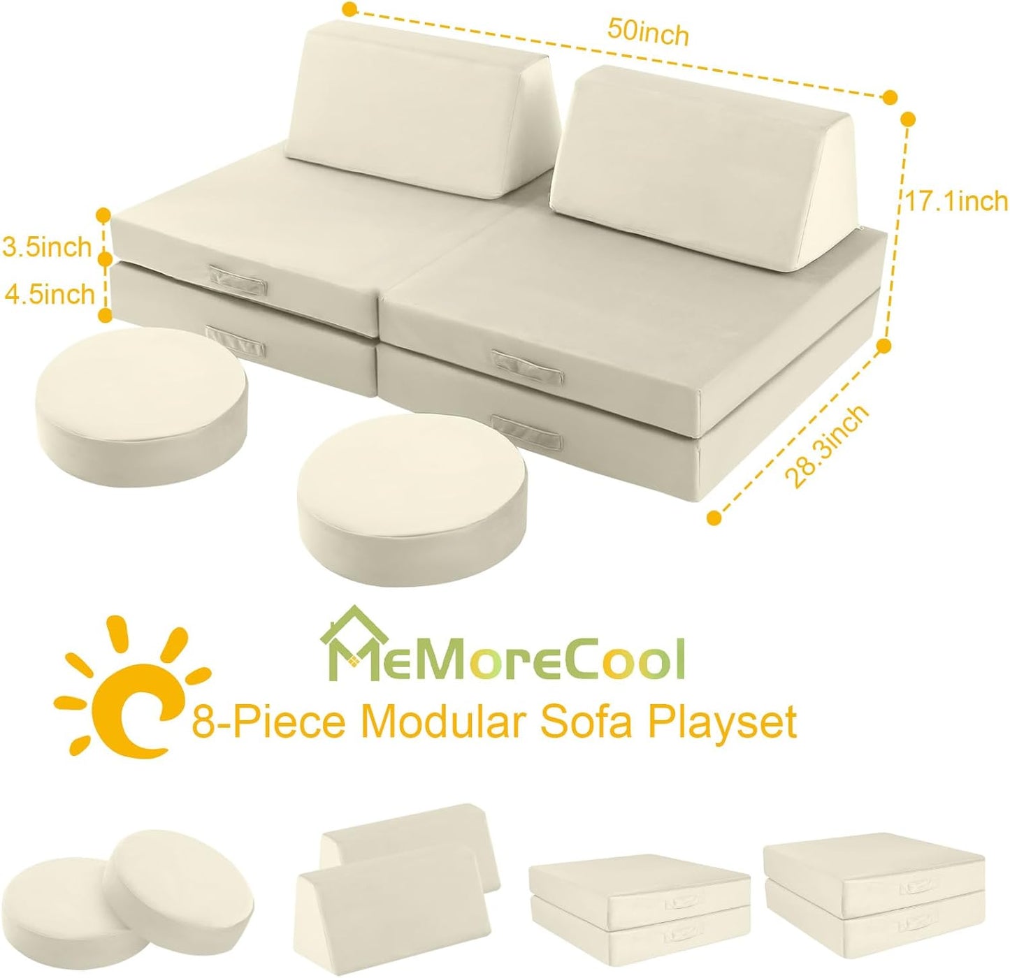 MeMoreCool Modular Kids Play Couch, Beige Foam Sofa and Fort Explorer Building Set for Toddlers and Playroom