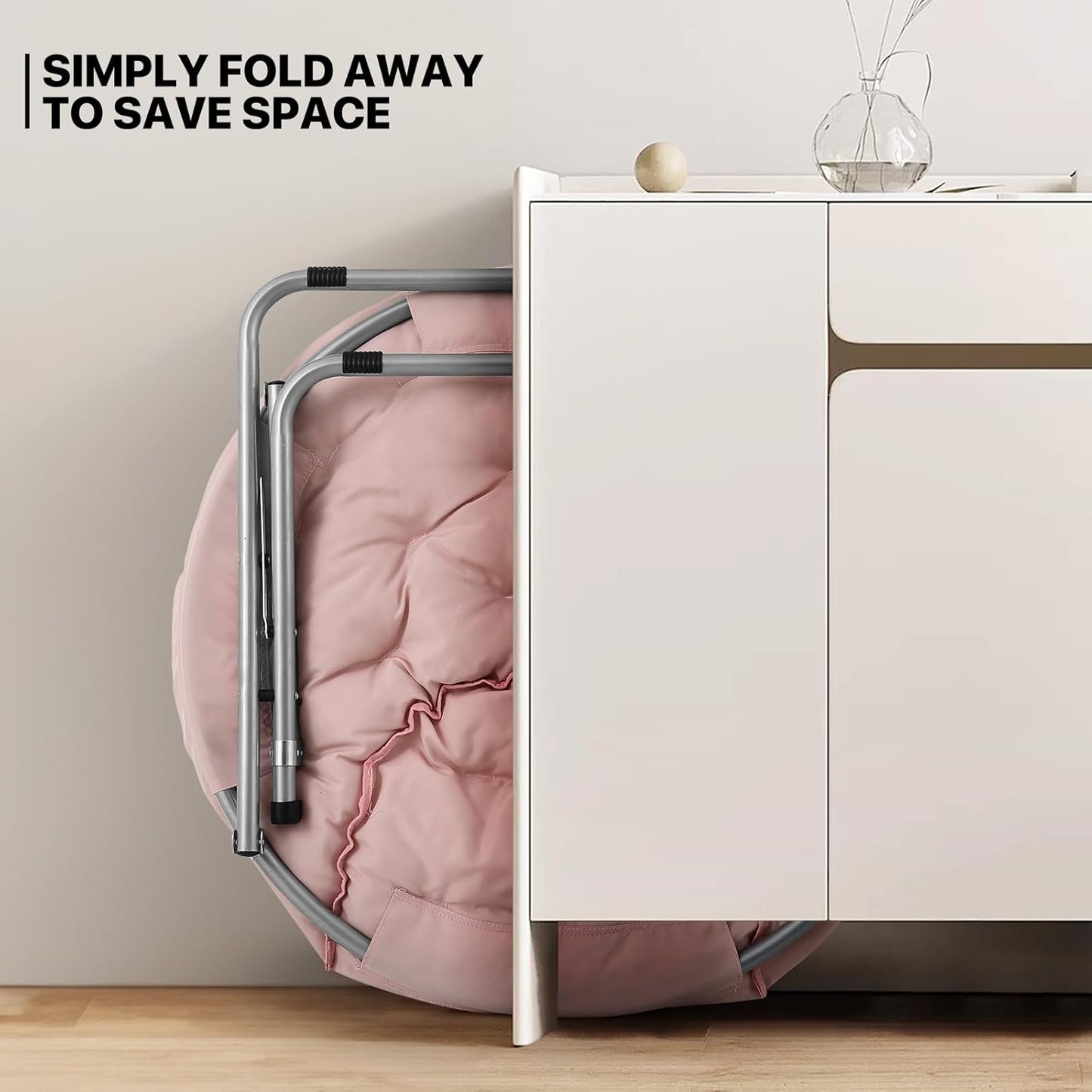 MoNiBloom Round Folding Saucer Chair for Bedroom Living Room Dorm Foldable Metal Frame Comfy Soft Lounge Lazy Cozy Moon Chair for Teens (Pink)