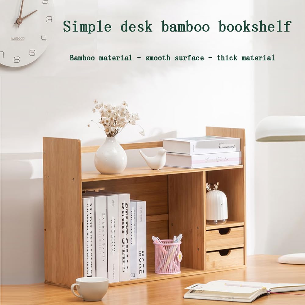 Bamboo Desktop Bookshelf, Small Bookcase for Students on The Desk, Simple Office Desk Bookshelf Organizer, Natural Bamboo Desktop Organizer,Ideal Gift for Family & Friends22.83x7.48x18.11in