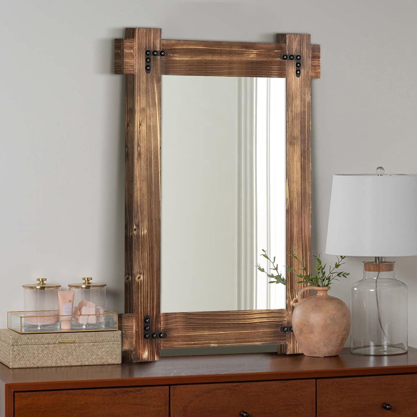 MeMoreCool Rustic Wooden Framed Wall Mirror, Farmhouse Decorative Vanity Mirror, Wall Mounted Rectangular Mirror for Bathroom, Bedroom, or Living Room, 40x28 Inches
