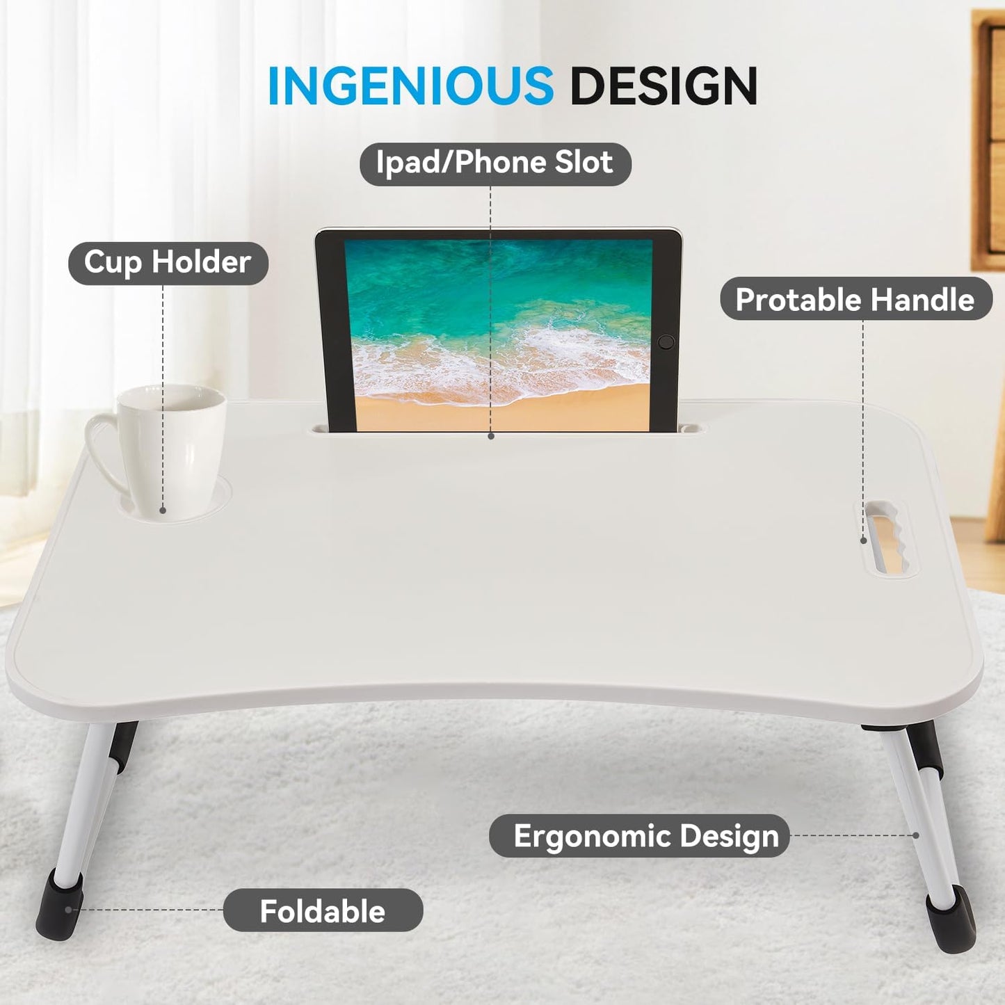 BUYIFY Folding Lap Desk, 23 Inch Portable Wood White Laptop Bed Desk Lap Desk with Cup Holder, for Working Reading Writing, Eating, Watching Movies for Bed Sofa Couch Floor