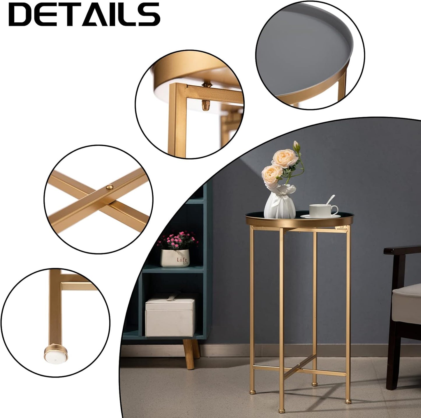 HollyHOME Small Round Metal Waterproof End Table, Accent Indoor&Outdoor Coffee Side Table, Snack Sofa Table for Living Room, Anti-Rust Decorative Plant Stand, (D) 14.5" x (H) 25", Gold/Grey