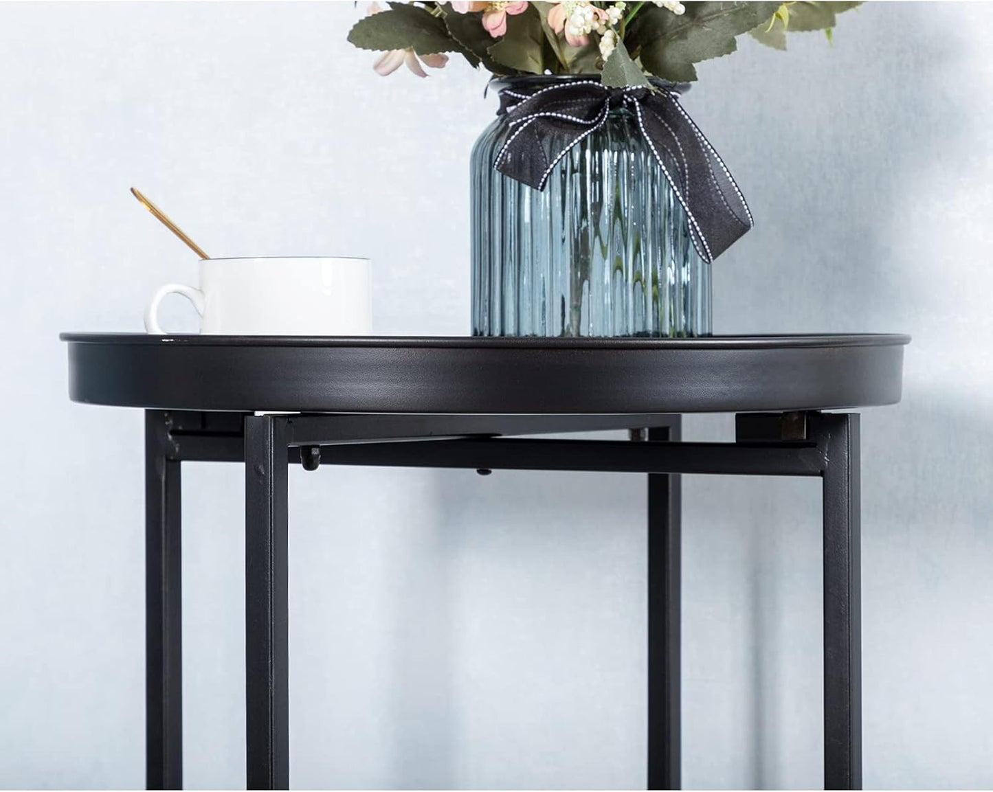 HollyHOME Small Round Metal Waterproof End Table, Accent Indoor&Outdoor Coffee Side Table, Snack Sofa Table for Living Room, Anti-Rust Decorative Plant Stand, (D) 14.5" x (H) 25", Black