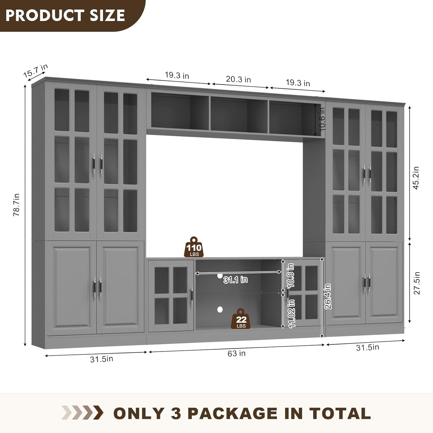 4-Piece Wall Unit TV Stand with Storage & LED Lights for TVs up to 75", Modern Entertainment Center with Bookshelves & 4-Door Pantry Cabinet, Gray