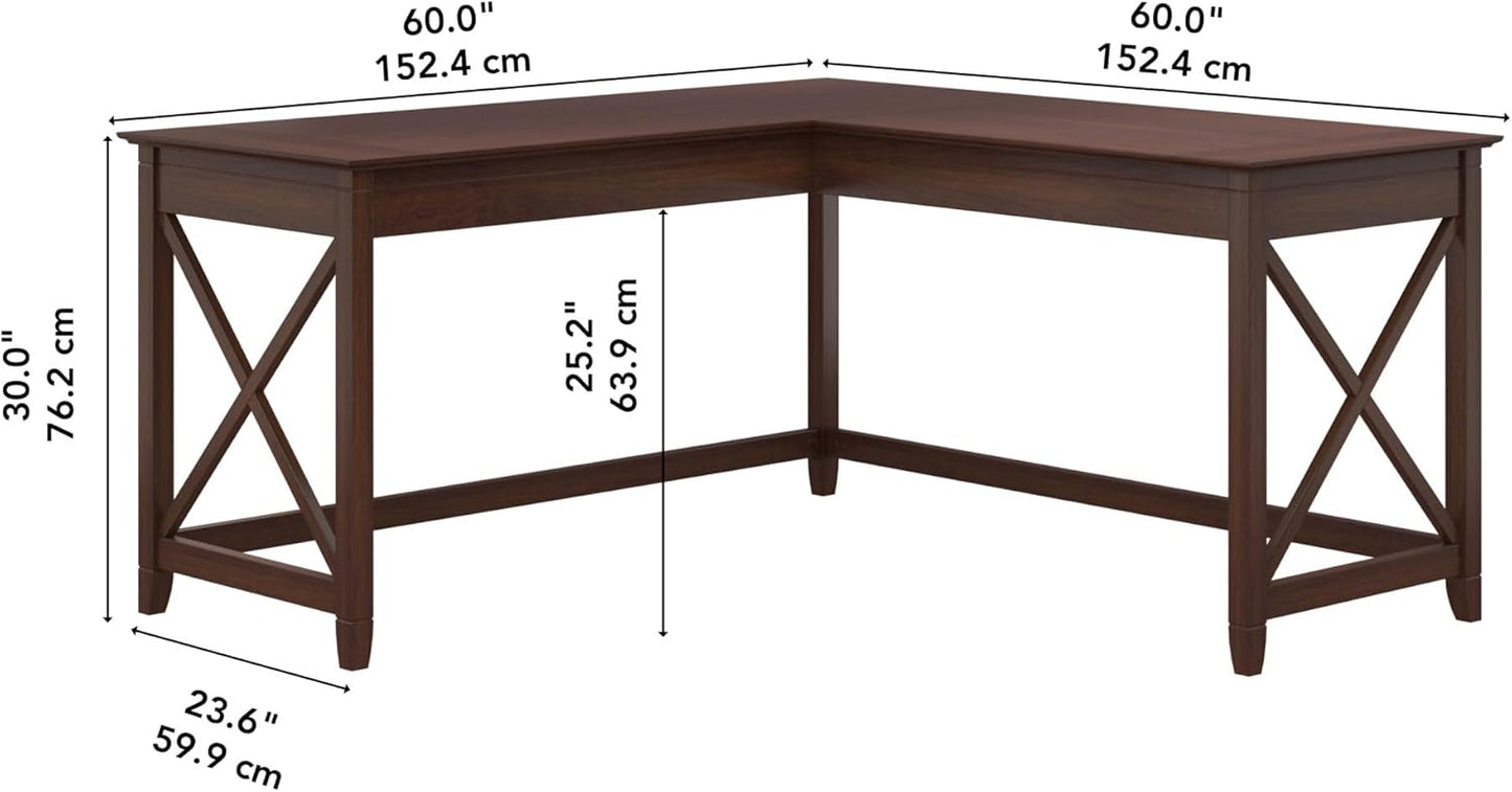 Bush Furniture Key West 60W Modern Farmhouse L Shaped Desk in Bing Cherry | 60-Inch Corner Table for Home Office