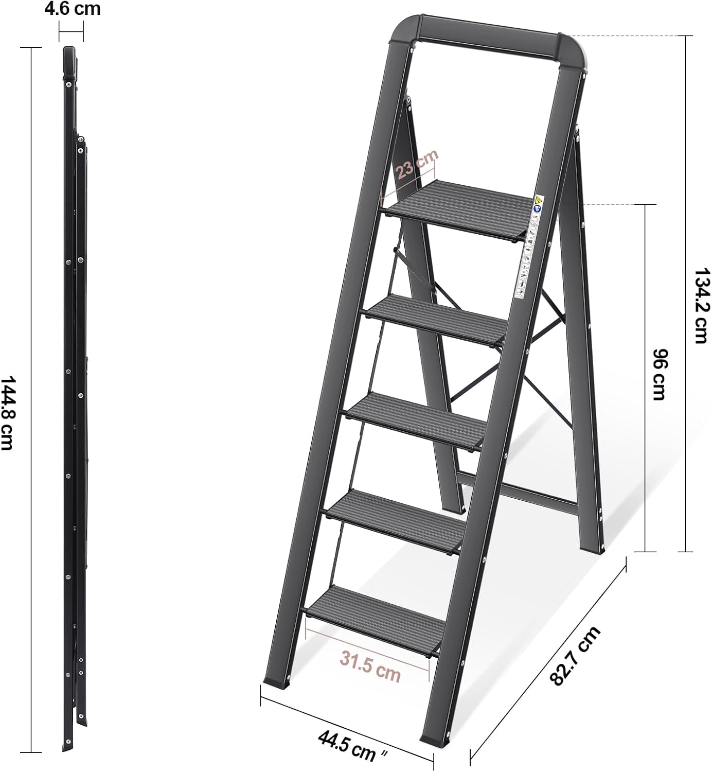 KINGRACK Aluminium 5 Step Ladder, Lightweight Step Stool with Non-Slip Pedals, Handrail, Folding Step Ladder for Kitchen, Garage, Home, Space Saving, Sturdy and Portable, Black
