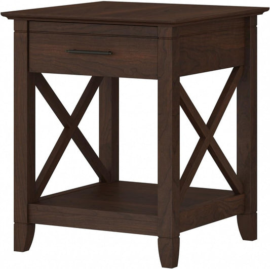 Bush Furniture Key West Small End Table with Storage | Modern Farmhouse Accent Shelf for Living Room in Bing Cherry