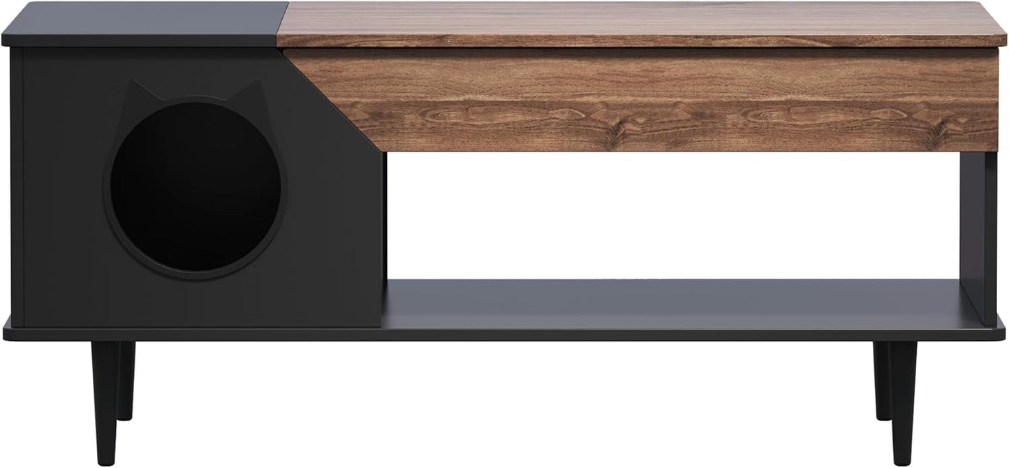 GAOMON Black Coffee Table 45'' Cat Living Room Tables with Storage Drawer, Wooden Rustic Coffee Table with Cat House, Multifunctional Hidden Kitty Litter Box Furniture