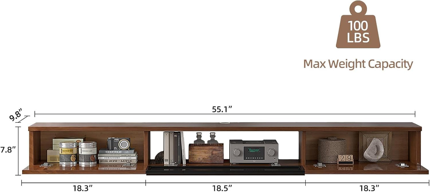 High Gloss Floating TV Stand,55'' Wall Mounted TV Console,Under TV Floating Shelf,Floating TV Cabinet with 3 Doors for Bedroom Living Room(Walnut)