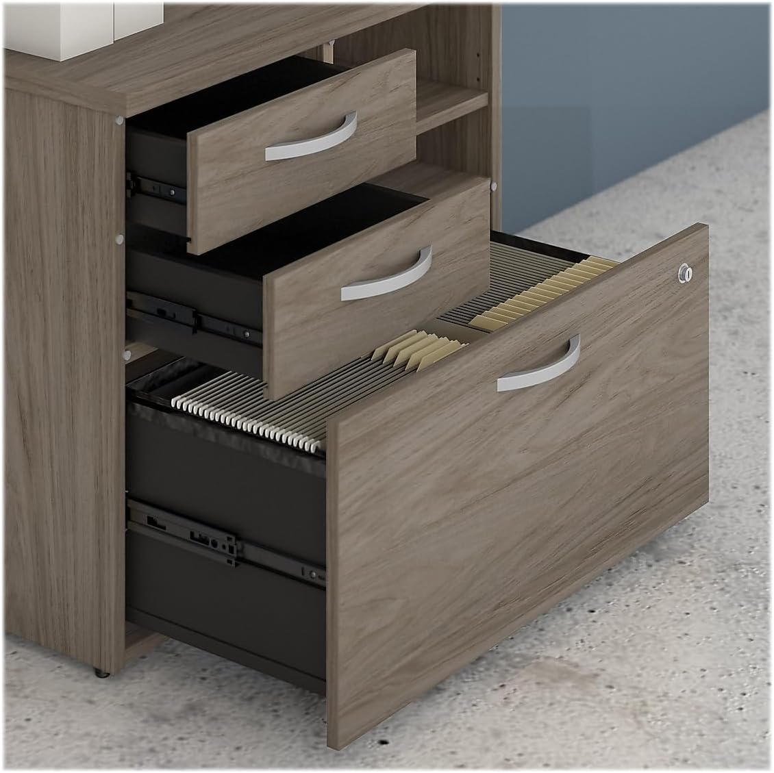 Bush Business Furniture Studio C Office Storage Cabinet with Drawers and Shelves in Modern Hickory, Organization for Home or Professional Workspace