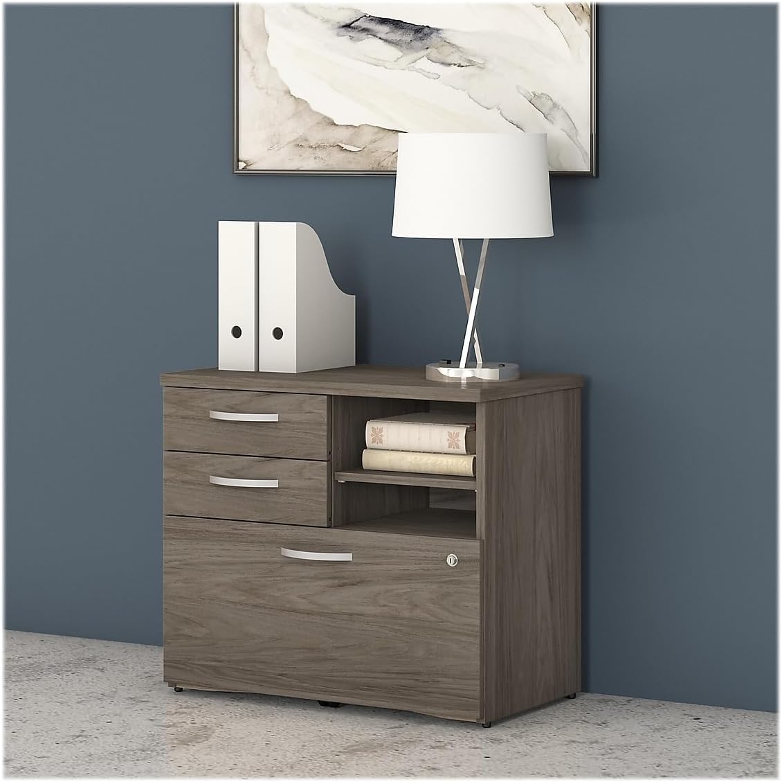 Bush Business Furniture Studio C Office Storage Cabinet with Drawers and Shelves in Modern Hickory, Organization for Home or Professional Workspace