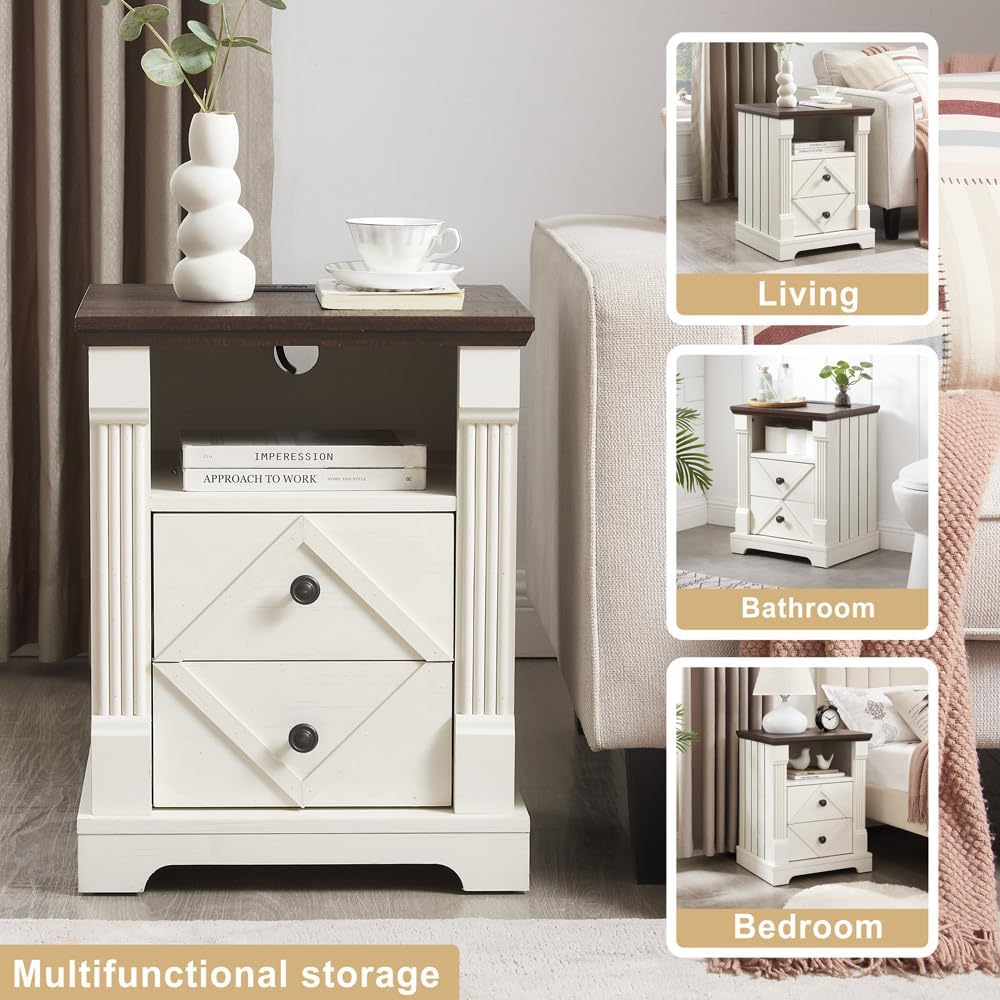 Farmhouse Night Stand with Charging Station, 18" Modern Wood Side Table, 2 Drawers End Table & Roman Column Design for Living Room, Bedside Table with Open Shelf for Bed Room, Antique White
