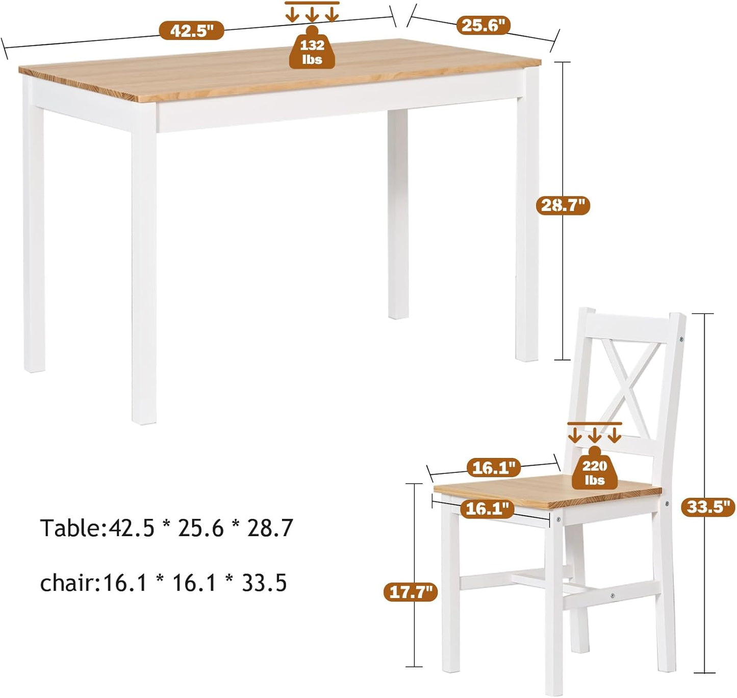 soges Dining Table Set for 4, 42.5 inch Pine Wood Dining Room Table with 4 Chairs, 5-Piece Kitchen Table Chairs Set for Small Space, Apartment, Dinette, Breakfast, White & Oak
