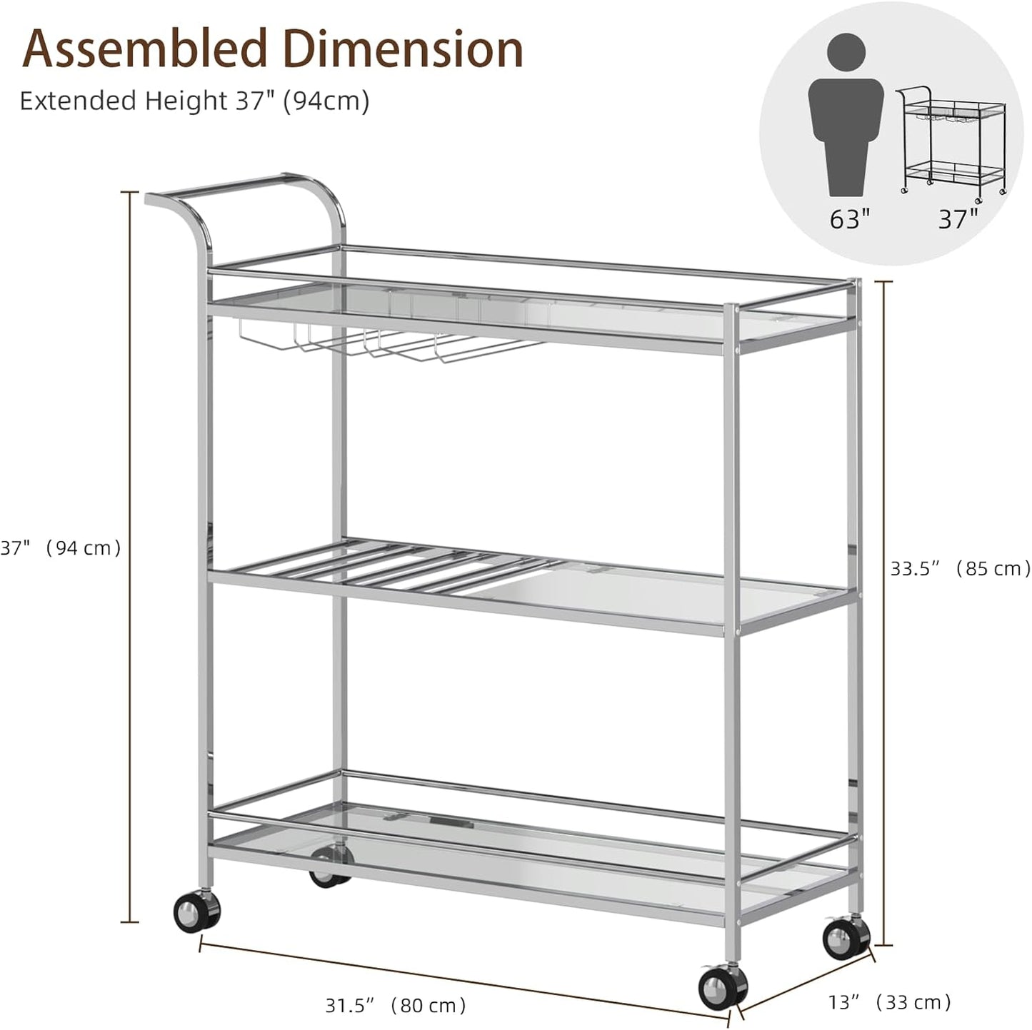 Bar Cart Silver, Home Bar Serving Cart, Modern Bar Cart with 3-Tier, Mobile Kitchen Shelf with Wine Rack and Glass Holder, Bar Carts for The Home, Dining Room, Living Room