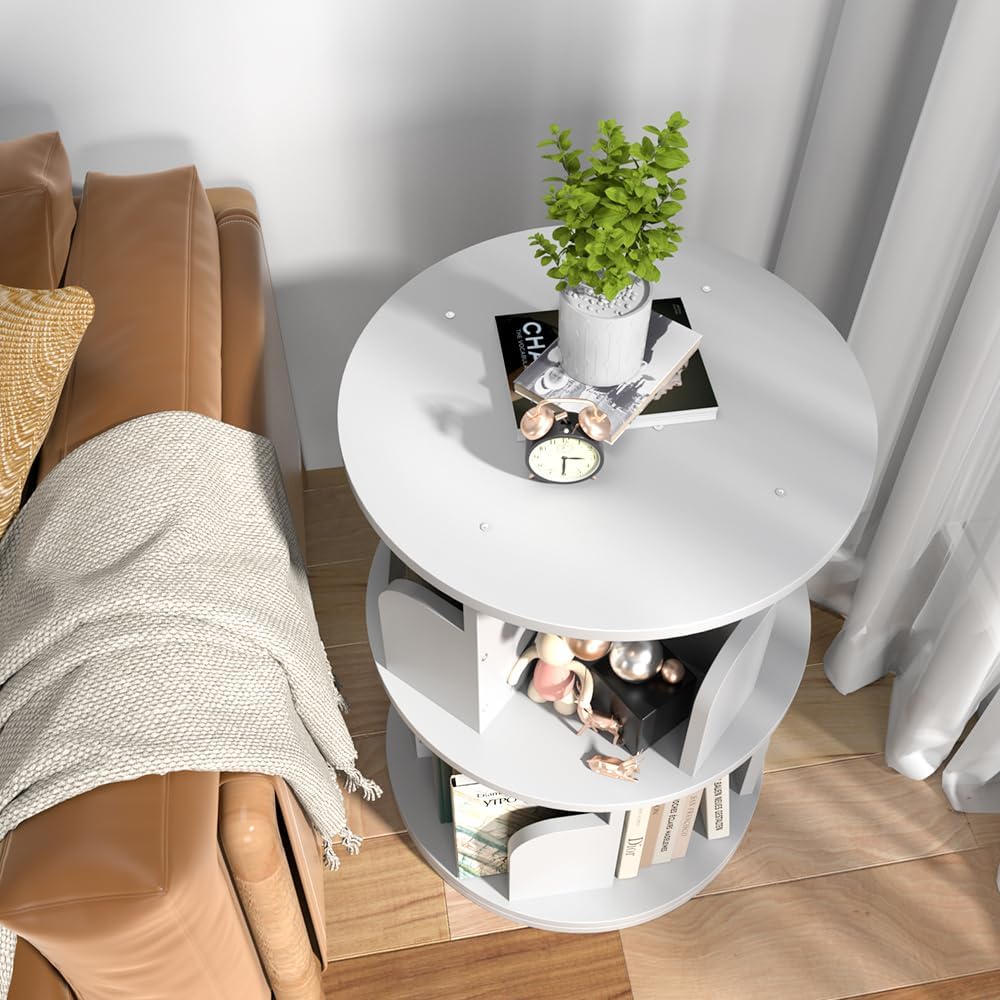 Nidouillet Rotating Bookshelf, Revolving Bookcase 360 Display Round Bookshelf, High-Density MDF Wood Narrow Swivel Corner Book Shelf Standing Bookcase for Adult Bedroom, Living Room (White, 2 Tier)