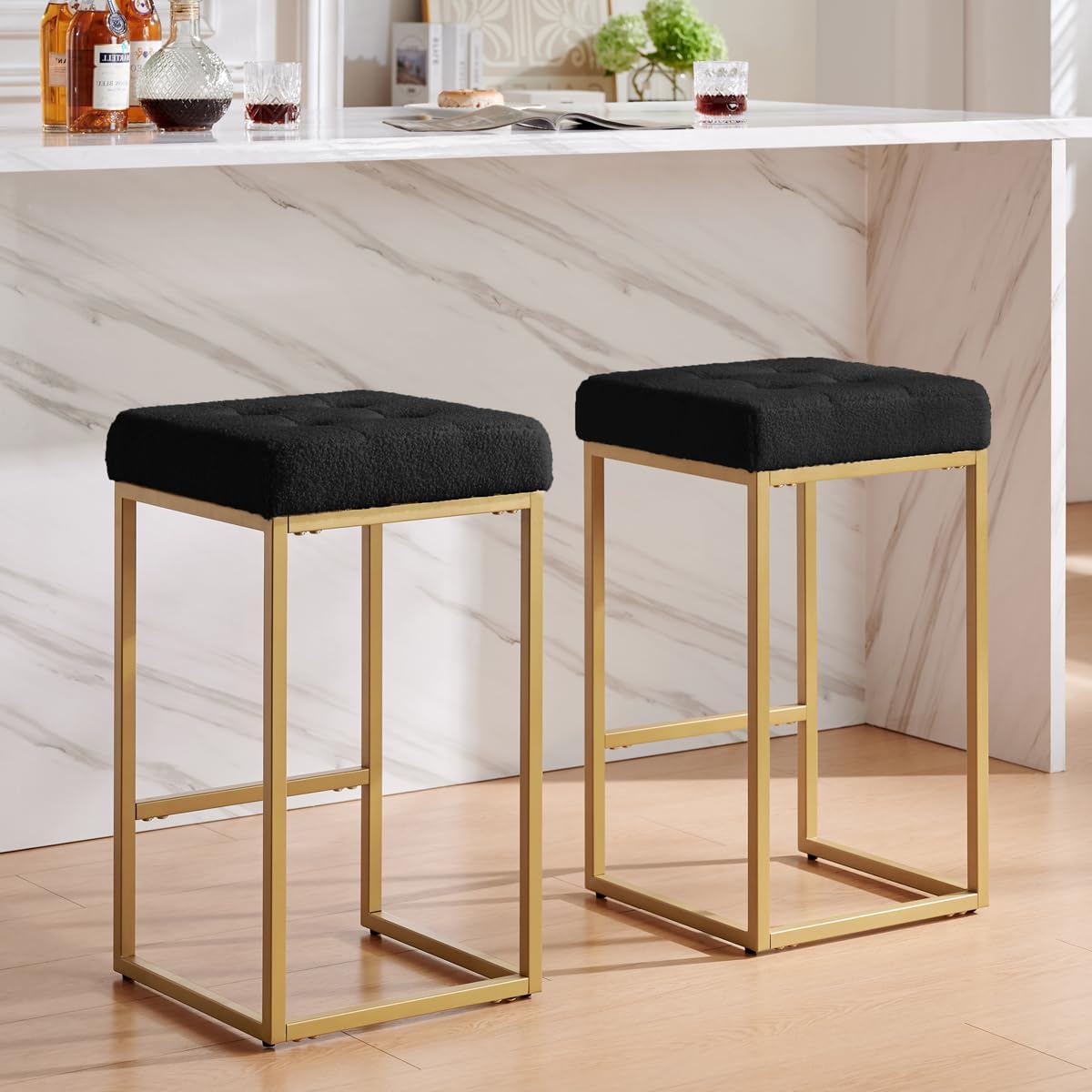 24KF Contemporary Counter Height Bar Stool Set of 2 for Kitchen Island, 26" H Teddy Fabric Padded Gold Barstool Bar Chair,5066-Teddy Black