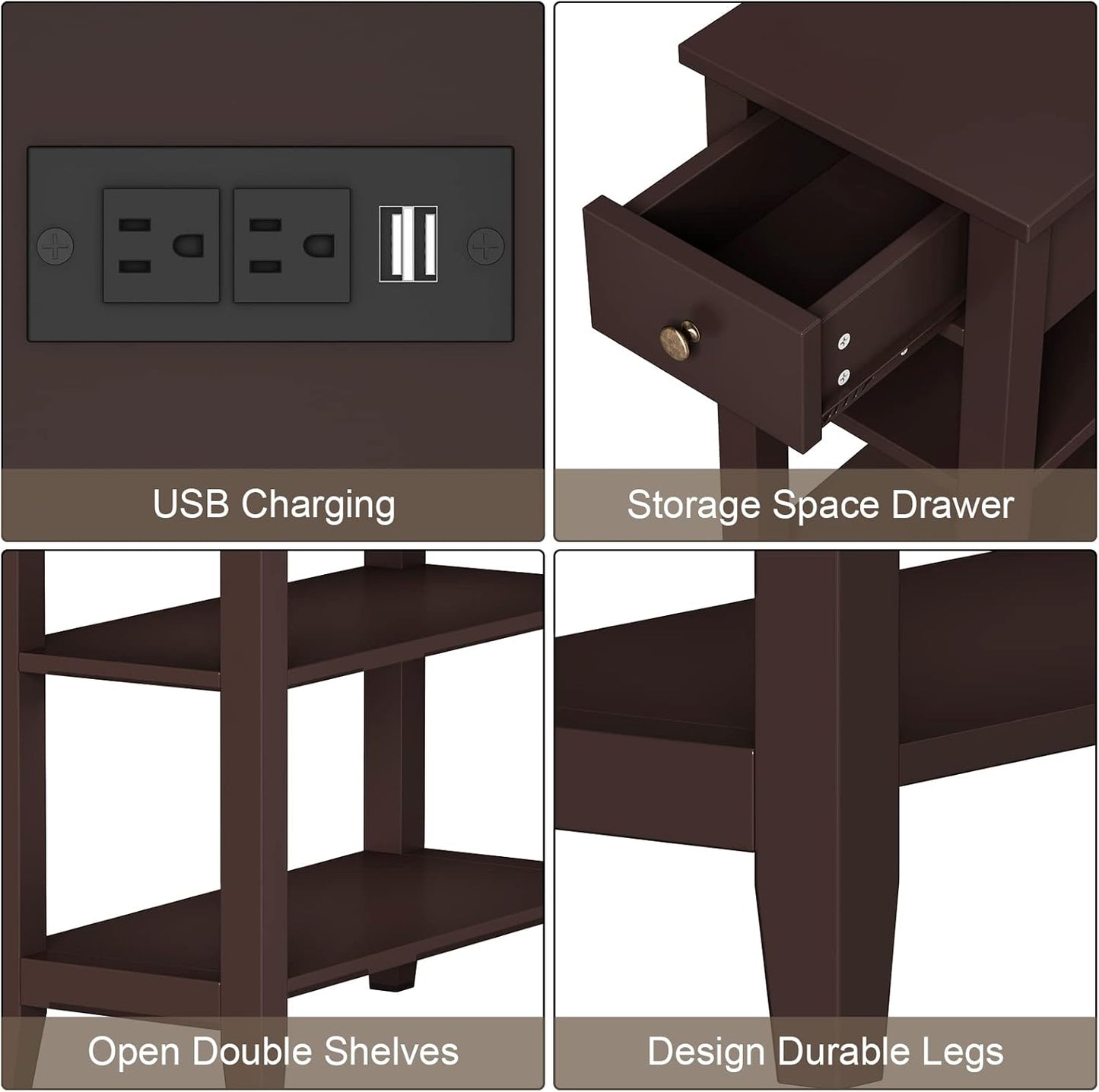 ChooChoo Narrow End Table Set of 2,Side Table Living Room with USB Ports & Power Outlets and Hidden Drawer, 3-Tier Skinny Nightstand with 2 Open Storage Shelves for Small Place(Espresso)