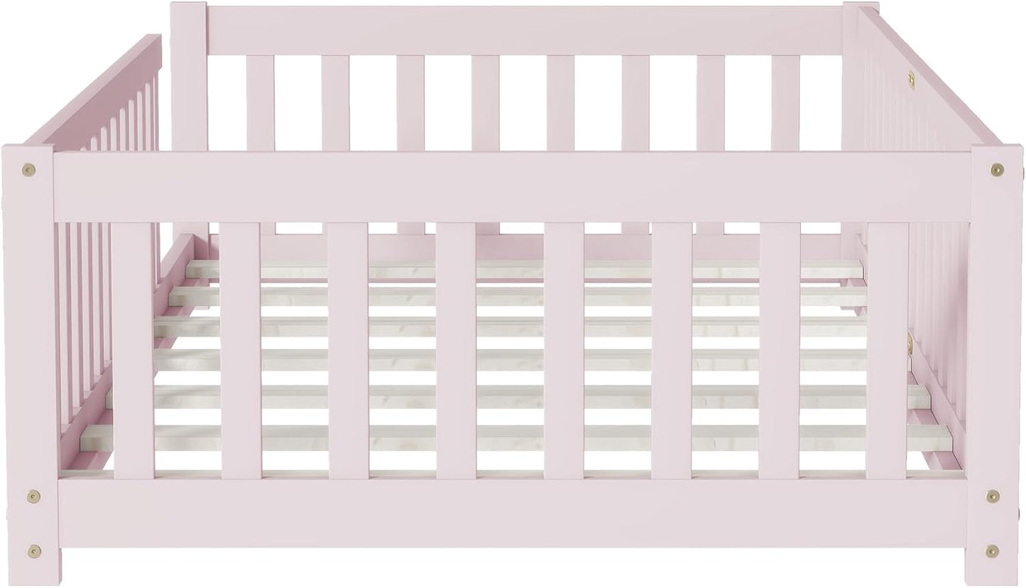 Bellemave Twin Floor Bed with Slats and Safety Guardrails, Kids Montessori Floor Beds with Fence and Without Door, Easy Assemble Floor Bed for Kids, Girls, Boys, Pink