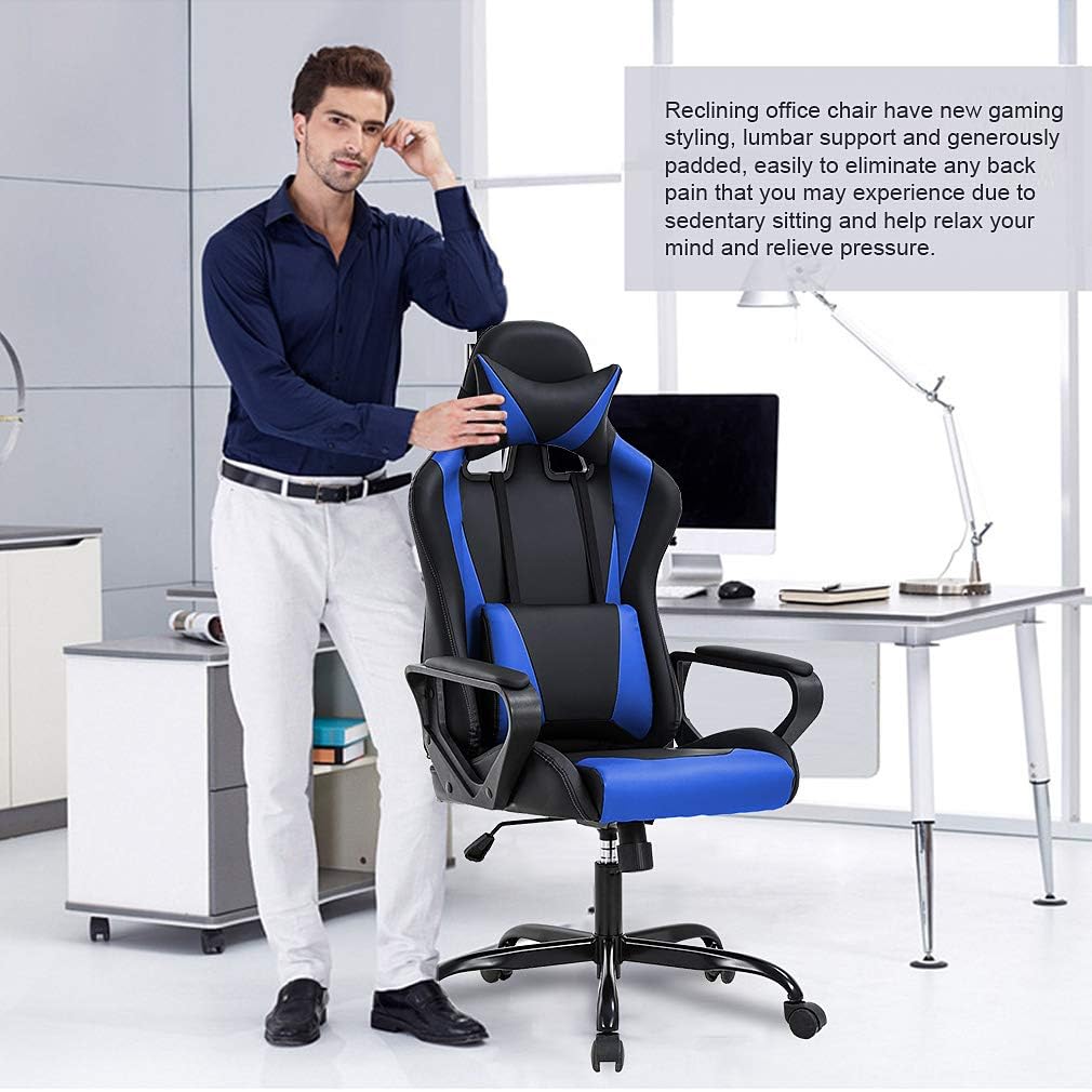 BestOffice High-Back Gaming Chair PC Office Chair Computer Racing Chair PU Desk Task Chair Ergonomic Executive Swivel Rolling Chair with Lumbar Support for Back Pain Women, Men,Blue
