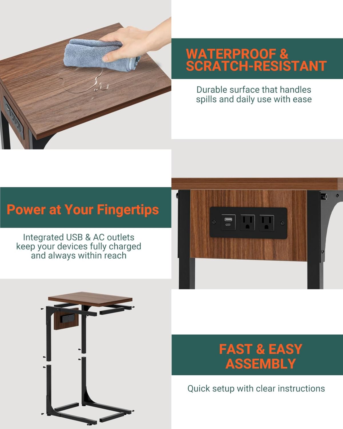 C-Shaped Side Table for Couch - Small Coffee Stand Sofa Tray Desk with Metal Frame Waterproof Scratch Resistant Wood Top and Built-in Charging Station, Rustic Walnut