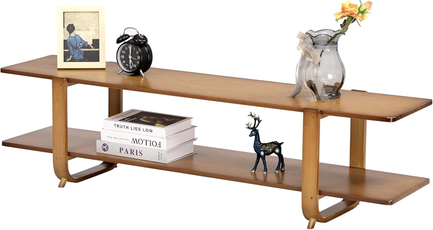 HollyHOME Bamboo TV Stand with Storage for TVs up to 65'', Modern Entertainment Center with 2 Open Shelf, Accent Media Console Table for Living Room, Bedroom, 55"(L), Walnut