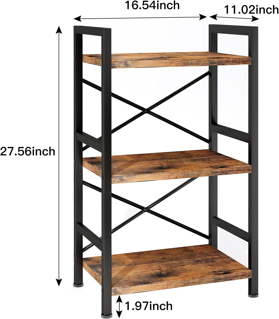 Homeiju Bookshelf, 3 Tier Industrial Bookcase, Metal Small Bookcase, Rustic Etagere Book Shelf Storage Organizer for Living Room, Bedroom, and Home Office(Rustic Brown) Patent Pending D29873033