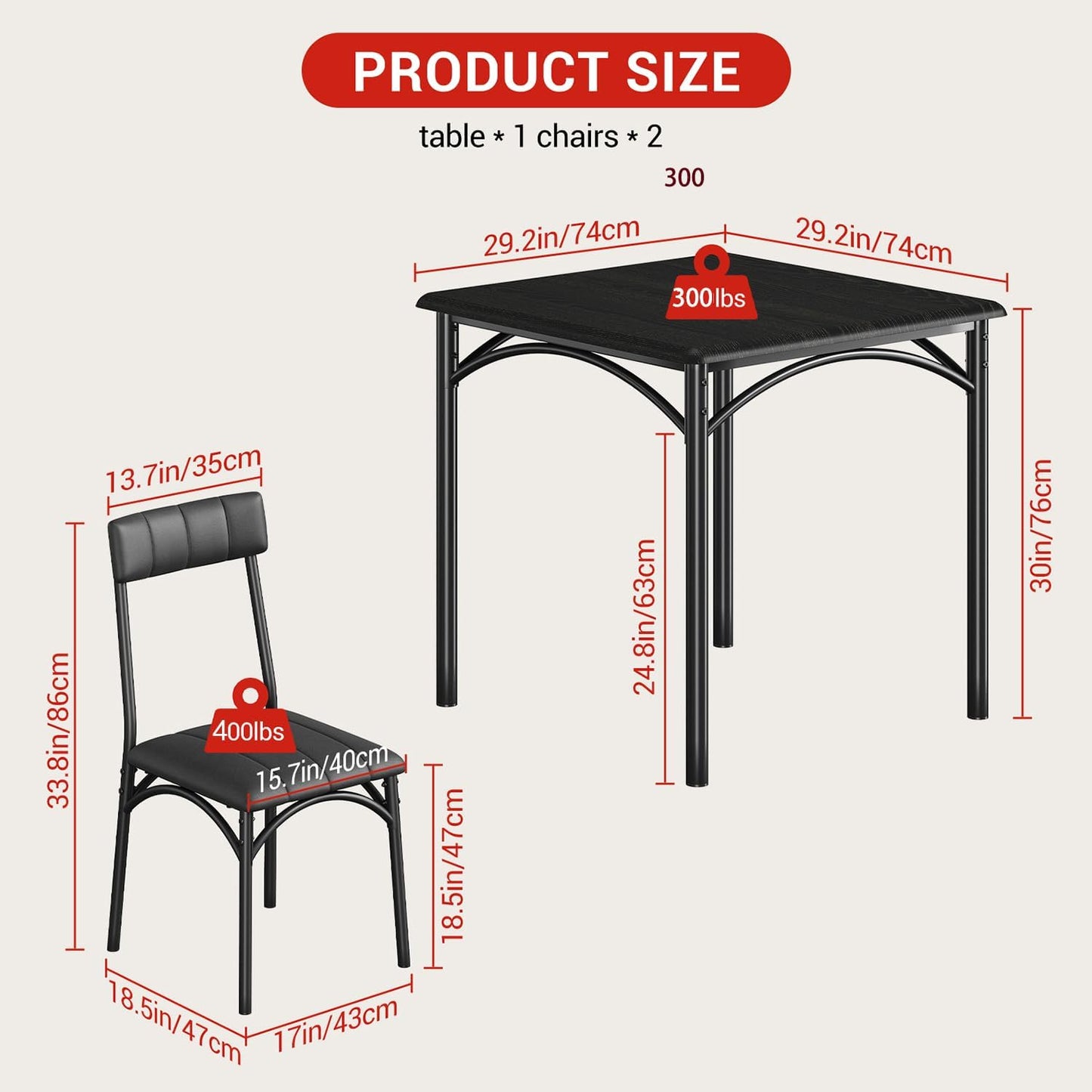 GarveeHome Dining Table Set for 2, Kitchen Table with 2 Upholstered Chairs, Wood Square Dining Table and Chairs Set for Small Space, Apartment, Dinner, Rustic Black