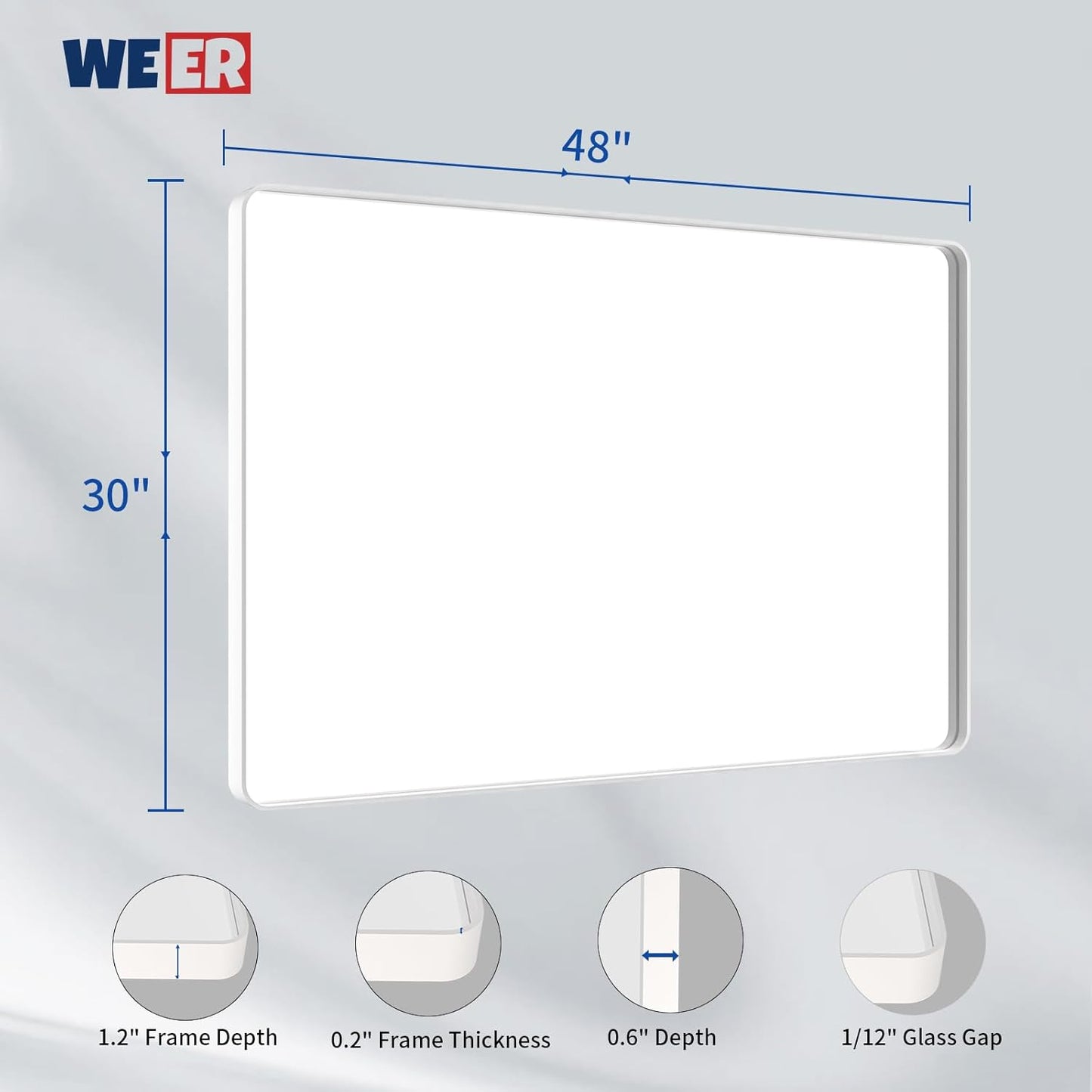 WEER White Bathroom Mirror 48X30 Inch, Rounded Rectangle White Metal Frame Mirror, Matte White Bathroom Vanity Mirror with Tempered Glass, Anti-Rust, Hangs Horizontally or Vertically